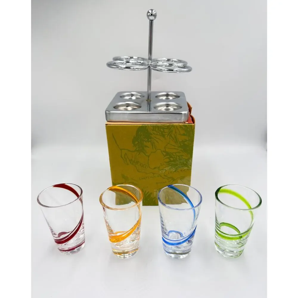 Starbucks Rare Hand Blown Swirl Glass Barista Espresso Shot Glass w/Chrome Caddy